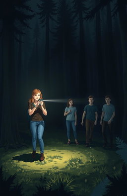 A scene depicting a group of friends in a dark forest searching for their missing friend, a young woman