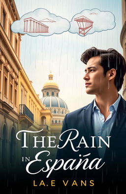A beautifully designed book cover for 'The Rain in España', featuring a close-up of Luna, a strong and confident female architect, standing in a modern architectural landscape that includes elements of classic Spanish architecture