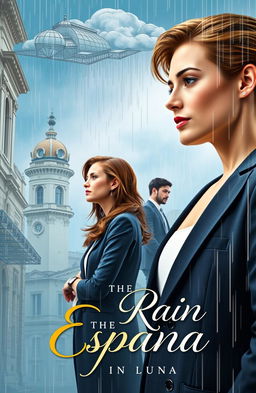A beautifully designed book cover for 'The Rain in España', featuring a close-up of Luna, a strong and confident female architect, standing in a modern architectural landscape that includes elements of classic Spanish architecture