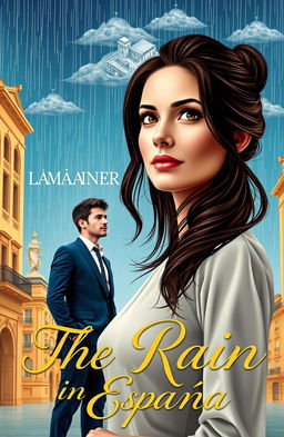 A beautifully designed book cover for 'The Rain in España', featuring a close-up of Luna, a strong and confident female architect, standing in a modern architectural landscape that includes elements of classic Spanish architecture