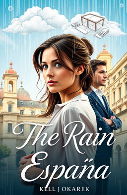 A beautifully designed book cover for 'The Rain in España', featuring a close-up of Luna, a strong and confident female architect, standing in a modern architectural landscape that includes elements of classic Spanish architecture