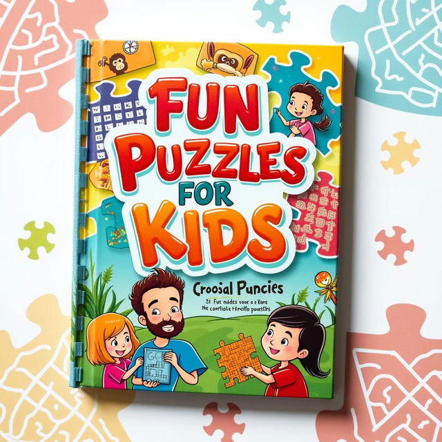 A vibrant and engaging book cover for the title 'Fun Puzzles for Kids'