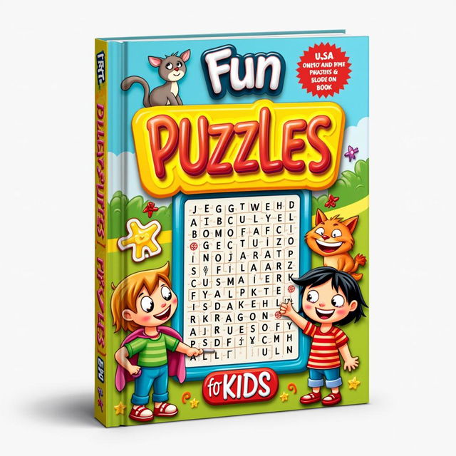 A cheerful and colorful book cover for 'Fun Puzzles for Kids' designed in a 6x9 inch format