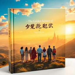 An enchanting book cover for 'The Golden Scenery of Tomorrow', depicting a breathtaking landscape bathed in golden sunlight at dawn