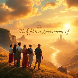 An enchanting book cover for 'The Golden Scenery of Tomorrow', depicting a breathtaking landscape bathed in golden sunlight at dawn