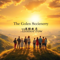 An enchanting book cover for 'The Golden Scenery of Tomorrow', depicting a breathtaking landscape bathed in golden sunlight at dawn