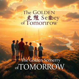 An enchanting book cover for 'The Golden Scenery of Tomorrow', depicting a breathtaking landscape bathed in golden sunlight at dawn