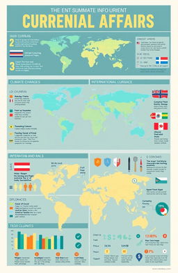 A visually striking and informative infographic summarizing current global affairs, featuring key events such as climate change discussions, international diplomacy, and economic trends