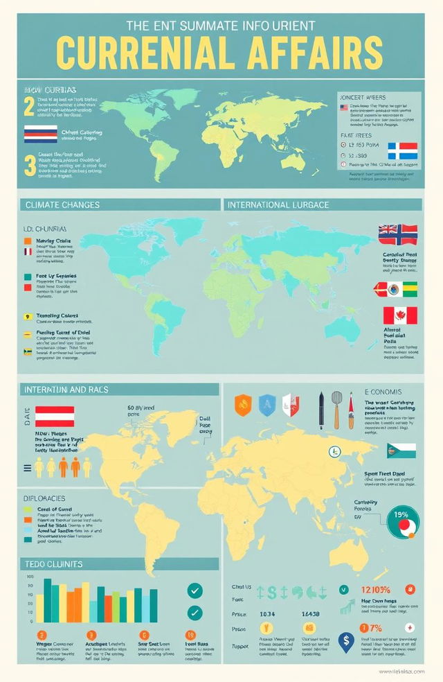 A visually striking and informative infographic summarizing current global affairs, featuring key events such as climate change discussions, international diplomacy, and economic trends