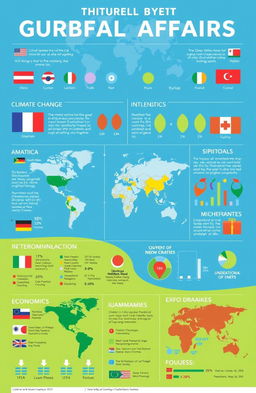 A visually striking and informative infographic summarizing current global affairs, featuring key events such as climate change discussions, international diplomacy, and economic trends