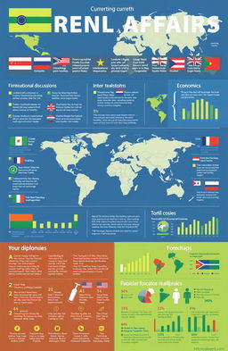 A visually striking and informative infographic summarizing current global affairs, featuring key events such as climate change discussions, international diplomacy, and economic trends