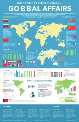 A visually striking and informative infographic summarizing current global affairs, featuring key events such as climate change discussions, international diplomacy, and economic trends