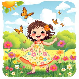 A whimsical and colorful illustration featuring a playful young girl wearing a bright summer dress with a cheerful floral pattern as she enjoys a sunny day in a lush green park
