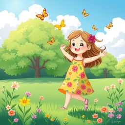 A whimsical and colorful illustration featuring a playful young girl wearing a bright summer dress with a cheerful floral pattern as she enjoys a sunny day in a lush green park