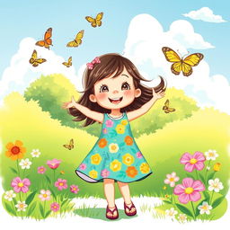 A whimsical and colorful illustration featuring a playful young girl wearing a bright summer dress with a cheerful floral pattern as she enjoys a sunny day in a lush green park