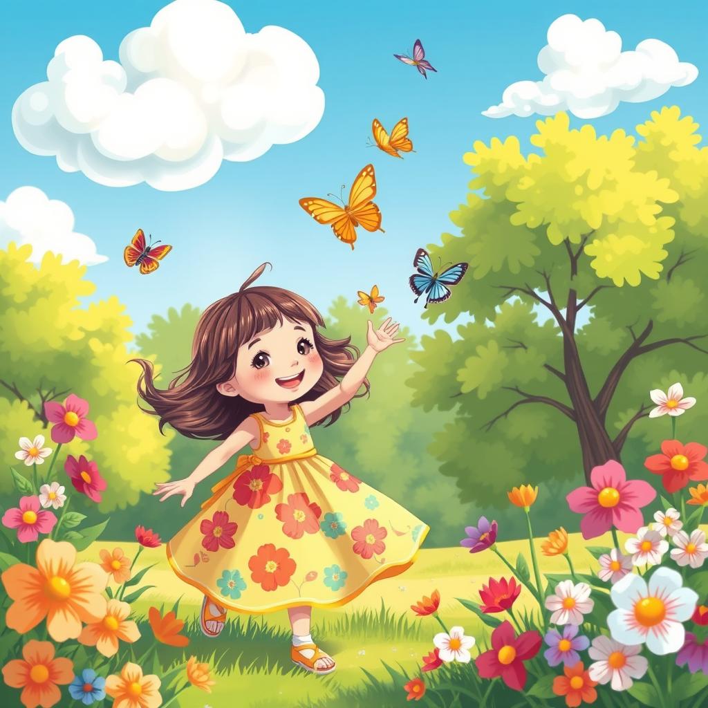 A whimsical and colorful illustration featuring a playful young girl wearing a bright summer dress with a cheerful floral pattern as she enjoys a sunny day in a lush green park