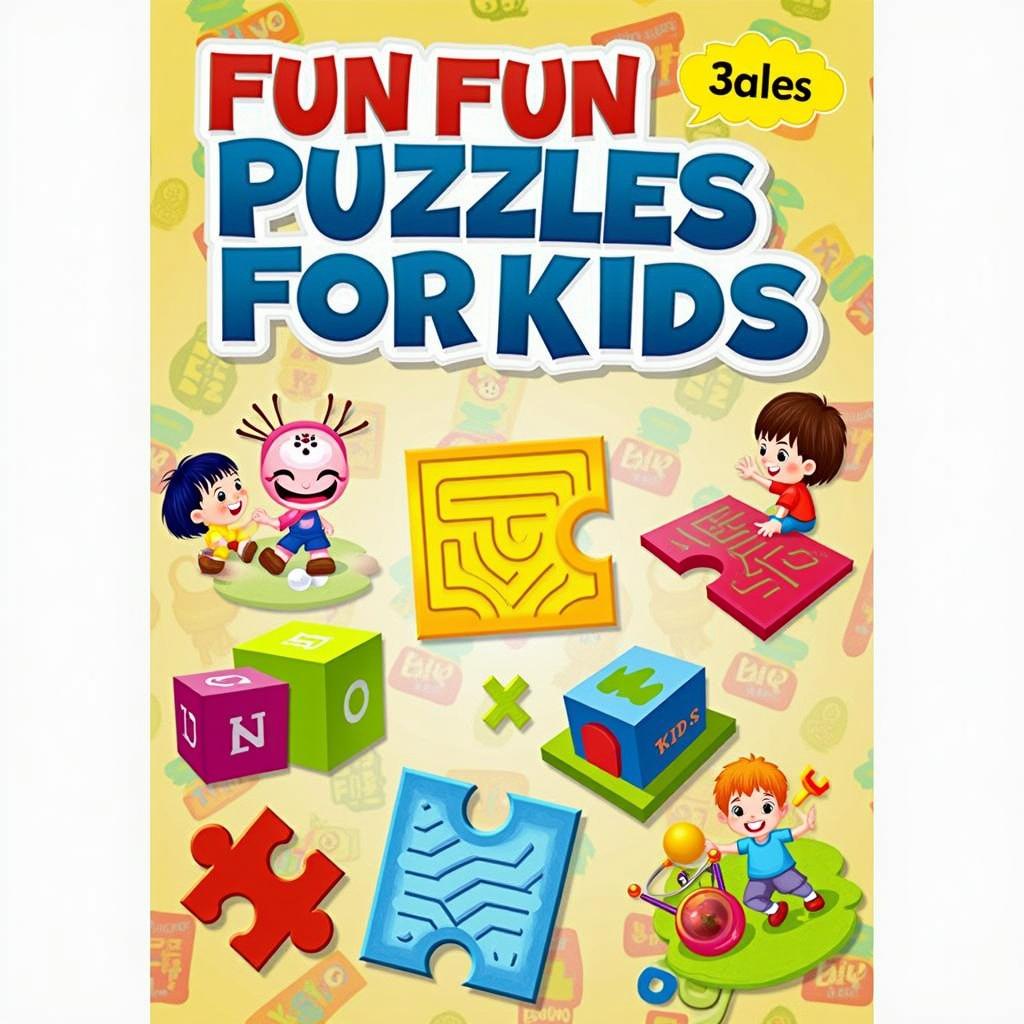 A vibrant and playful cover design for a children's puzzle book titled 'Fun Fun Puzzles for Kids', featuring colorful illustrations of children engaging with various puzzles