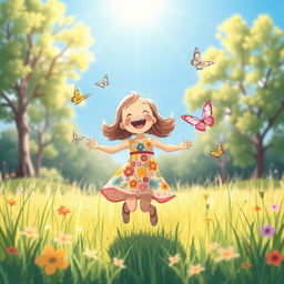 A playful illustration of a young girl frolicking in a sunny meadow, wearing a colorful sundress adorned with flowers, surrounded by butterflies and tall grass