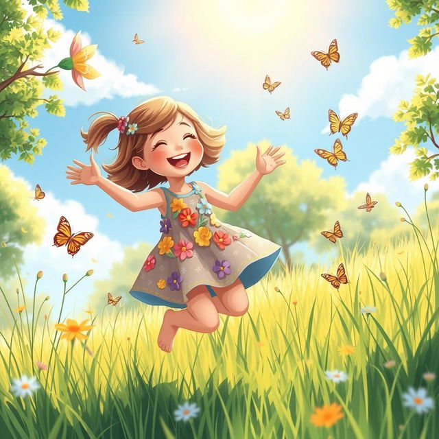 A playful illustration of a young girl frolicking in a sunny meadow, wearing a colorful sundress adorned with flowers, surrounded by butterflies and tall grass