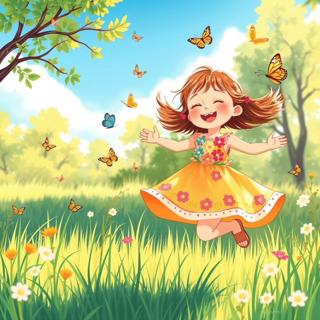 A playful illustration of a young girl frolicking in a sunny meadow, wearing a colorful sundress adorned with flowers, surrounded by butterflies and tall grass