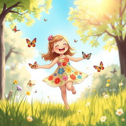 A playful illustration of a young girl frolicking in a sunny meadow, wearing a colorful sundress adorned with flowers, surrounded by butterflies and tall grass