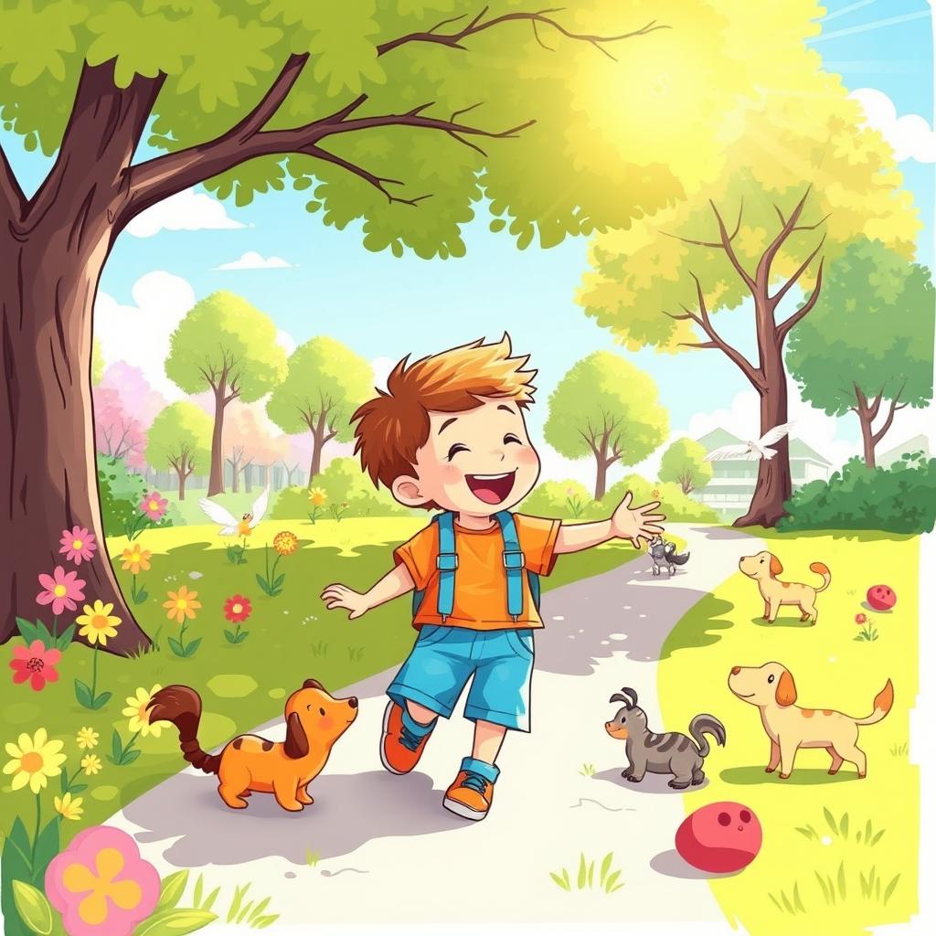 A colorful and playful illustration of a young boy playing in a sunny park, wearing a bright and cheerful outfit, enjoying a fun day surrounded by nature