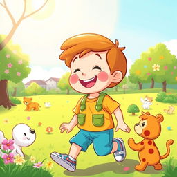 A colorful and playful illustration of a young boy playing in a sunny park, wearing a bright and cheerful outfit, enjoying a fun day surrounded by nature