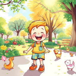 A colorful and playful illustration of a young boy playing in a sunny park, wearing a bright and cheerful outfit, enjoying a fun day surrounded by nature