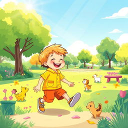 A colorful and playful illustration of a young boy playing in a sunny park, wearing a bright and cheerful outfit, enjoying a fun day surrounded by nature