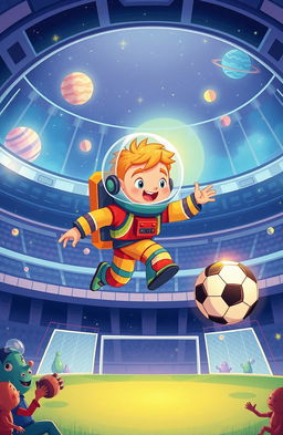 A whimsical illustration of a young boy named Leo, with a big dream of playing football in space