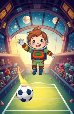 A whimsical illustration of a young boy named Leo, with a big dream of playing football in space