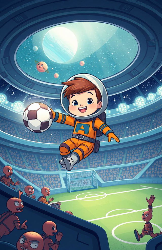 A whimsical illustration of a young boy named Leo, with a big dream of playing football in space