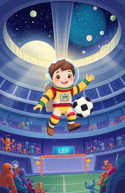 A whimsical illustration of a young boy named Leo, with a big dream of playing football in space