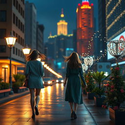 A romantic scene of women walking on a city road at night, illuminated by streetlights and the glow of nearby buildings