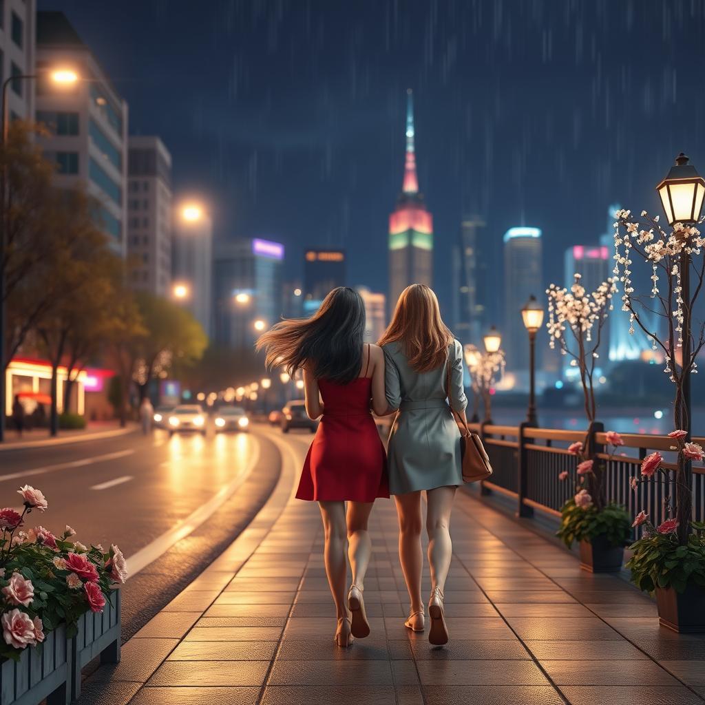 A romantic scene of women walking on a city road at night, illuminated by streetlights and the glow of nearby buildings