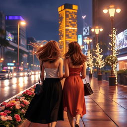 A romantic scene of women walking on a city road at night, illuminated by streetlights and the glow of nearby buildings