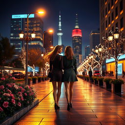 A romantic scene of women walking on a city road at night, illuminated by streetlights and the glow of nearby buildings