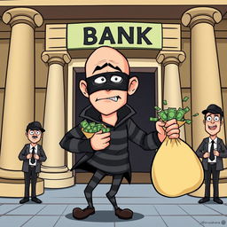 A vibrant and humorous cartoon depicting a cartoonish version of Jeff Bezos dressed as a bank robber, complete with a black mask and striped thief outfit, sneaking into a bank