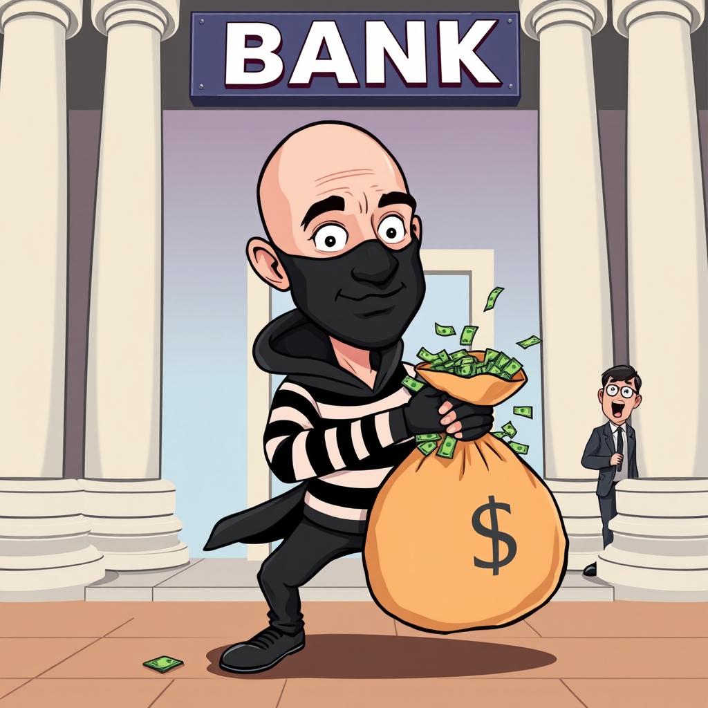 A vibrant and humorous cartoon depicting a cartoonish version of Jeff Bezos dressed as a bank robber, complete with a black mask and striped thief outfit, sneaking into a bank