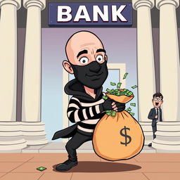 A vibrant and humorous cartoon depicting a cartoonish version of Jeff Bezos dressed as a bank robber, complete with a black mask and striped thief outfit, sneaking into a bank