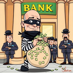 A vibrant and humorous cartoon depicting a cartoonish version of Jeff Bezos dressed as a bank robber, complete with a black mask and striped thief outfit, sneaking into a bank