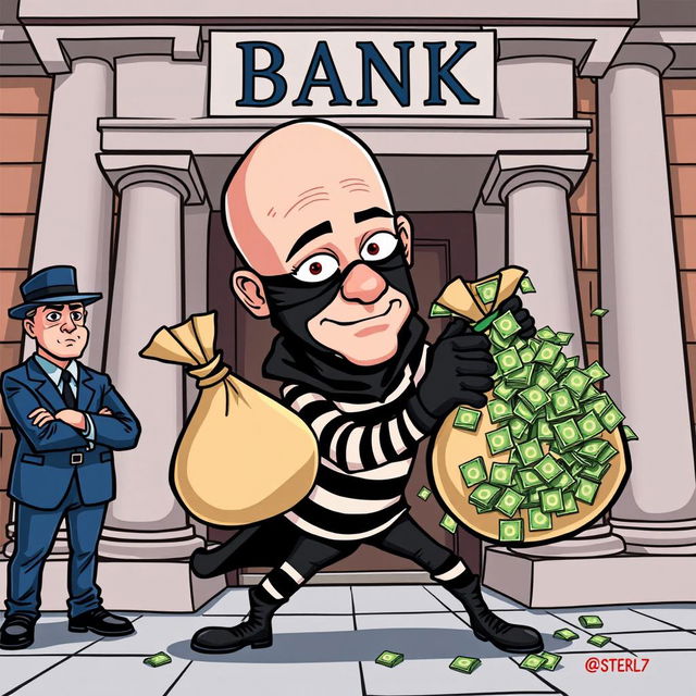 A vibrant and humorous cartoon depicting a cartoonish version of Jeff Bezos dressed as a bank robber, complete with a black mask and striped thief outfit, sneaking into a bank
