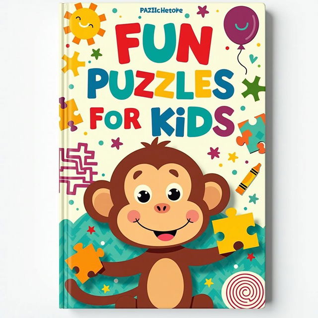 A vibrant 6x9 inch book cover design for a children's puzzle book titled "Fun Puzzles for Kids"