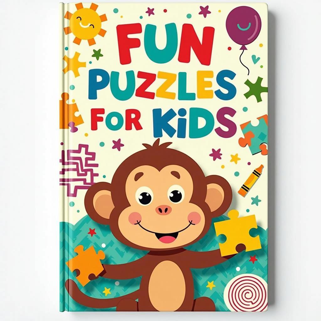 A vibrant 6x9 inch book cover design for a children's puzzle book titled "Fun Puzzles for Kids"