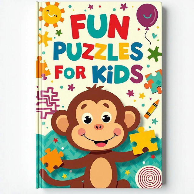 A vibrant 6x9 inch book cover design for a children's puzzle book titled "Fun Puzzles for Kids"