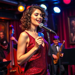 A stunning female jazz singer performing on stage in a vibrant jazz club