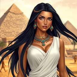 A beautiful Egyptian woman with long, flowing black hair, dressed in traditional attire that elegantly showcases her figure