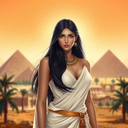 A beautiful Egyptian woman with long, flowing black hair, dressed in traditional attire that elegantly showcases her figure