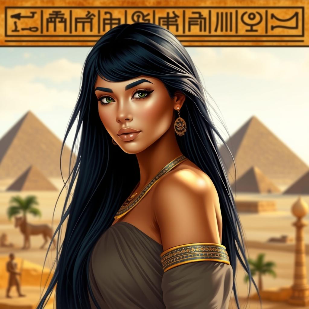 A beautiful Egyptian woman with long, flowing black hair, dressed in traditional attire that elegantly showcases her figure