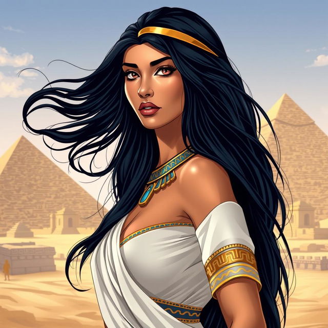 A beautiful Egyptian woman with long, flowing black hair, dressed in traditional attire that elegantly showcases her figure